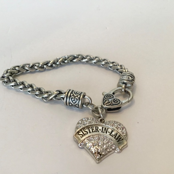 Band SISTER-IN-LAW Clear Rhinestone Charm Silver Metal Chain Locket Bracelet - Picture 2 of 4